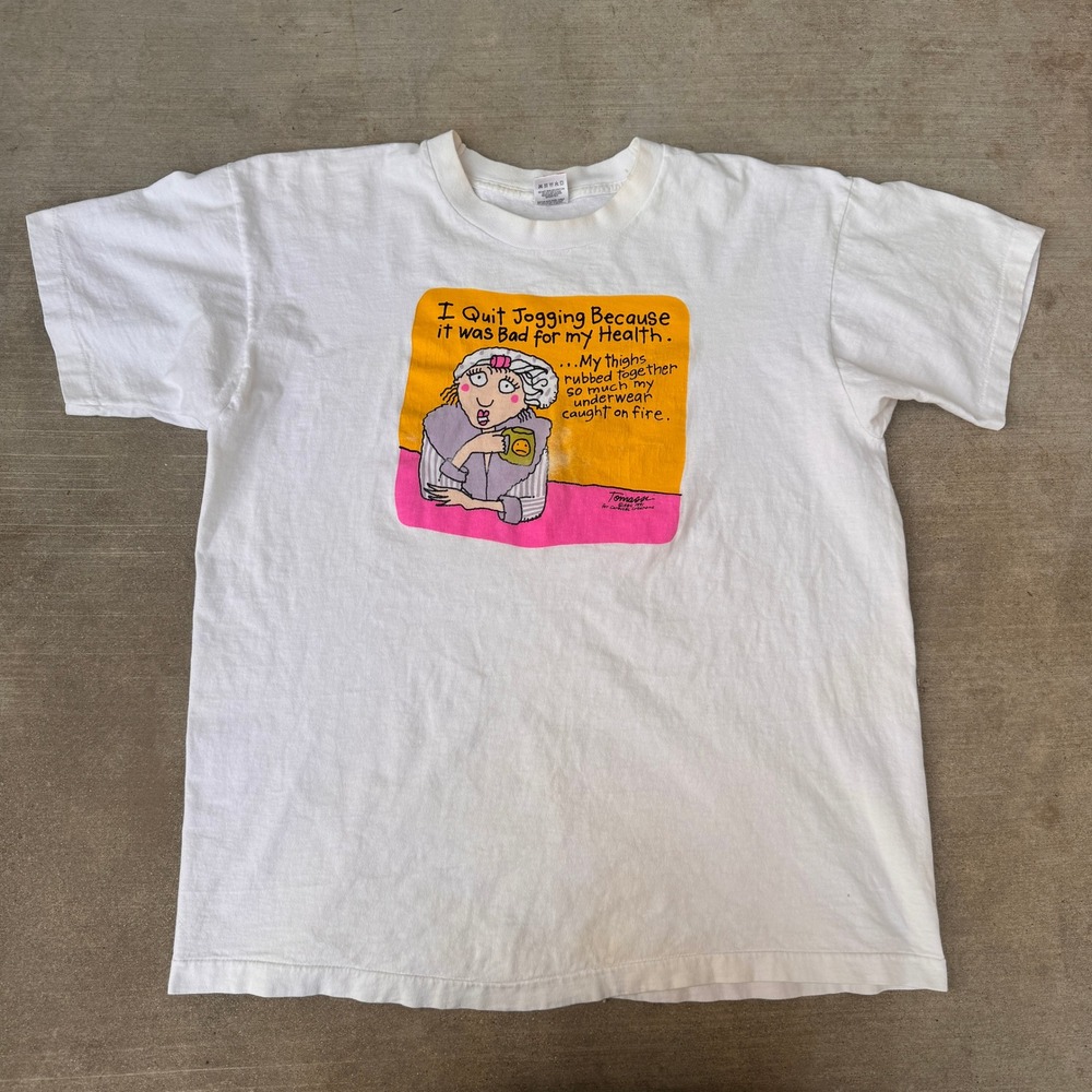 Vintage 90s Quit Jogging Tomassi Funny Graphic Shirt White XL Single Stitch USA